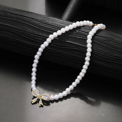 Luckacco Y2k Bowknot Pearl Necklace For Women Elegant Korean Style Rhinestone Heart Pendant Necklace Fashion Wedding Party Jewelry Gift