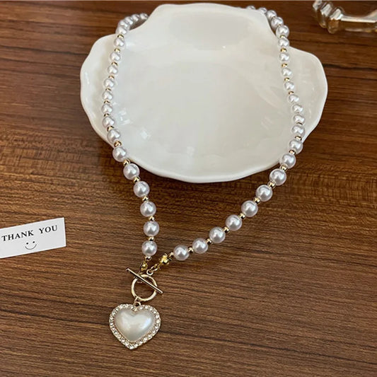 Luckacco Elegant Pearl Necklace For Women Heart Pendant Necklaces Luxury Imitation Pearls Chain Necklaces Korean Jewelry Girls Gifts