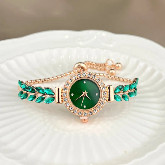 Luckacco 2025 New fashion diamond-encrusted leaf round women's watch simple dial freely adjust cross-border gift watches