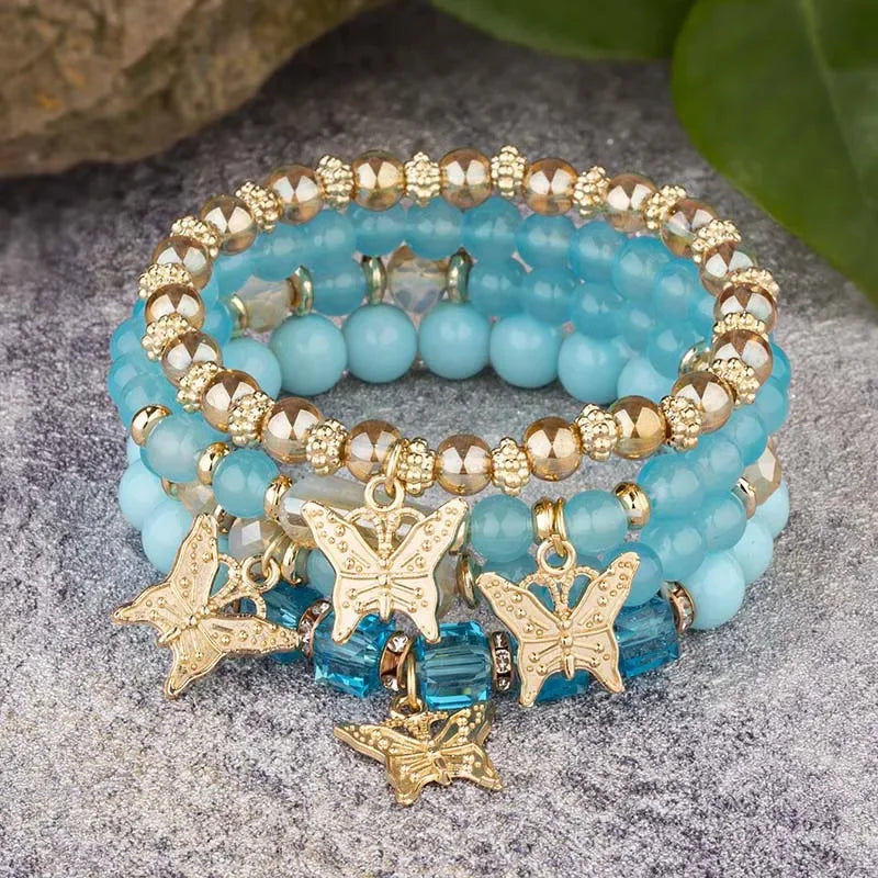 luckacco 4pcs trendy butterfly beaded bracelet set for women pink acrylic beads elastic chain bangle female bohemian party jewelry gift
