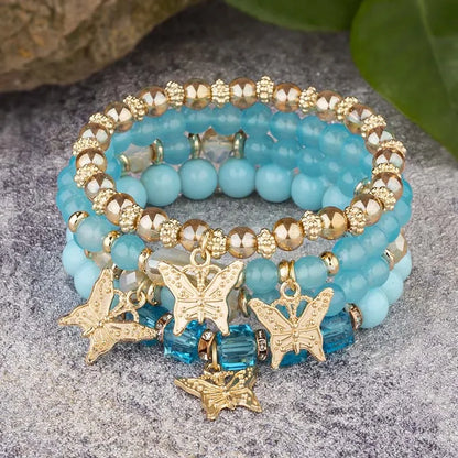 Luckacco 4Pcs Trendy Butterfly Beaded Bracelet Set For Women Pink Acrylic Beads Elastic Chain Bangle Female Bohemian Party Jewelry Gift