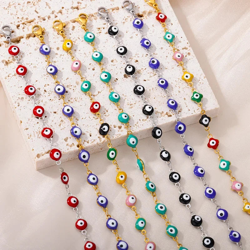 luckacco stainless steel evil eye bracelets for women men enamel round chain blue evil eye hand bracelet summer beach jewelry gift 2024