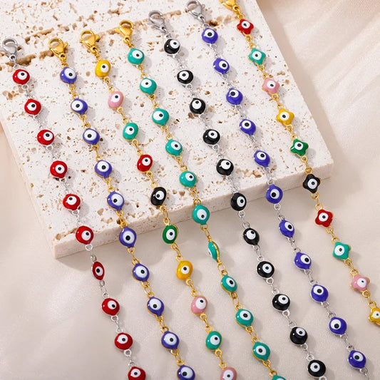 Luckacco Stainless Steel Evil Eye Bracelets For Women Men Enamel Round Chain Blue Evil Eye Hand Bracelet Summer Beach Jewelry Gift 2024