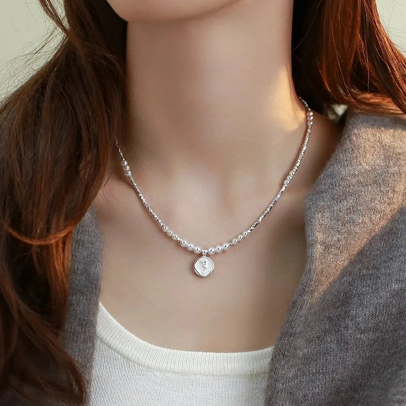 luckacco new trendy fashion 925 silver pearl simple elegant thin chain pendant necklace for women girl jewelry dropship