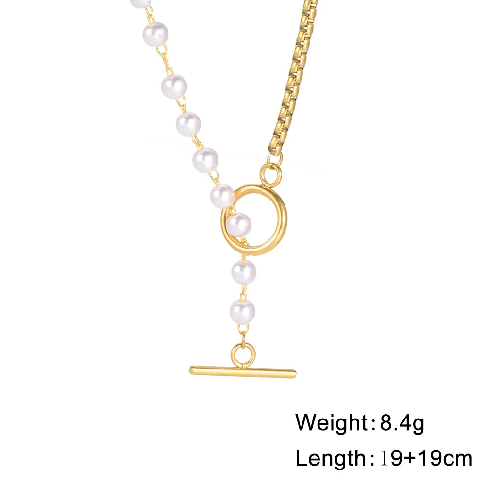 luckacco unift paperclip ot buckle pearl necklace choker half pearl half chain gold plated necklace fashion boho wedding jewelry women