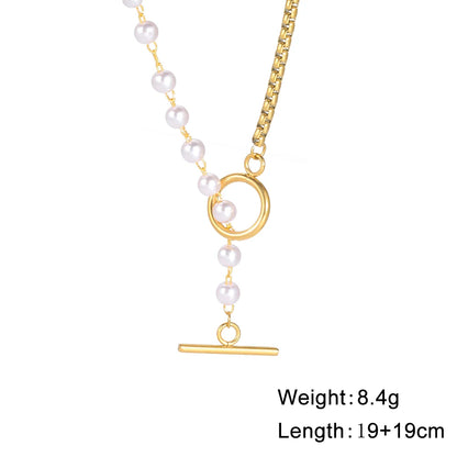 Luckacco Unift Paperclip OT Buckle Pearl Necklace Choker Half Pearl Half Chain Gold Plated Necklace Fashion Boho Wedding Jewelry Women