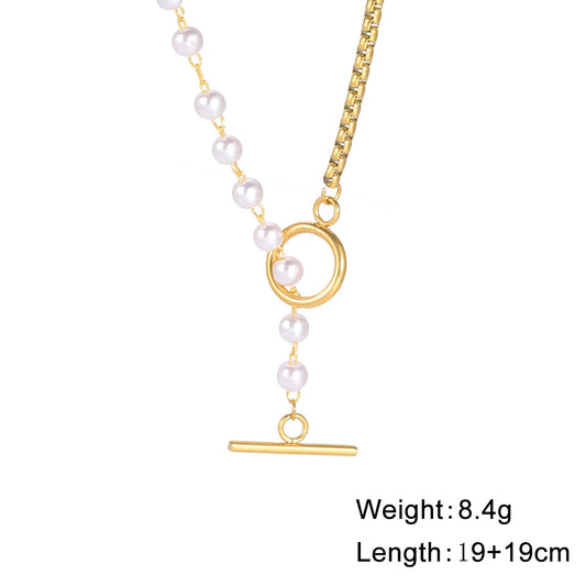 Luckacco Unift Paperclip OT Buckle Pearl Necklace Choker Half Pearl Half Chain Gold Plated Necklace Fashion Boho Wedding Jewelry Women