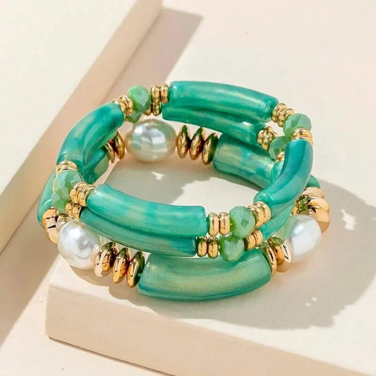 Luckacco 3PCS Set Vintage Design Resin Elastic Bracelet Blue Bamboo Gold Color Spacer Pearl Bracelet Pink Green Coffee Color Option