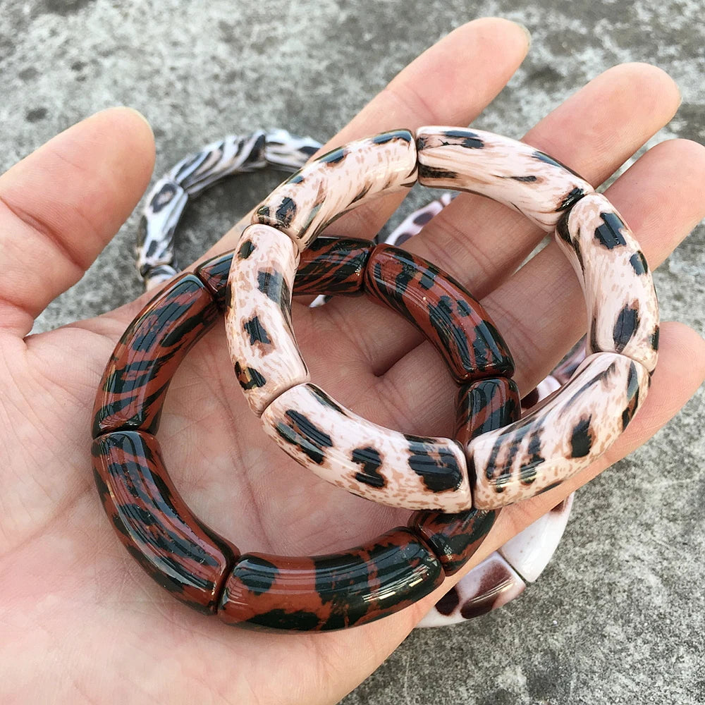 luckacco fishsheep vintage leopard print acrylic stackable bracelets bangles for women resin stretchy bracelet 2023 fashion jewelry gift