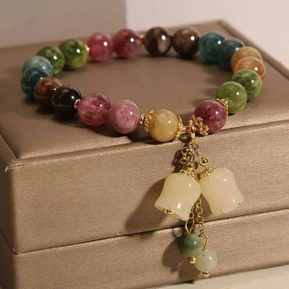 Luckacco Exquisite Natural Stone Bracelet Elegant Lily of The Valley Flower Pendant Elastic Beaded Bracelets for Women Party Jewelry Gift