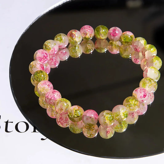 Luckacco Fashion Exquisite Ice Crack Gradient Forest Flower Pattern Beaded Glass Bracelet for Women High Beauty Elastic Bracelet Jewelry