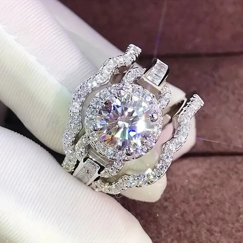 luckacco exquisite fashion silver color inlaid with white zircon engagement rings luxury elegant wedding rings set women jewelry