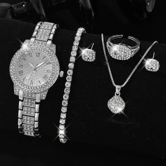 Luckacco 6PCS/SET Silver Women's Watch Business Leisure Element Watch Luxury Dial Quartz Watch Jewelry Set Gift For Her