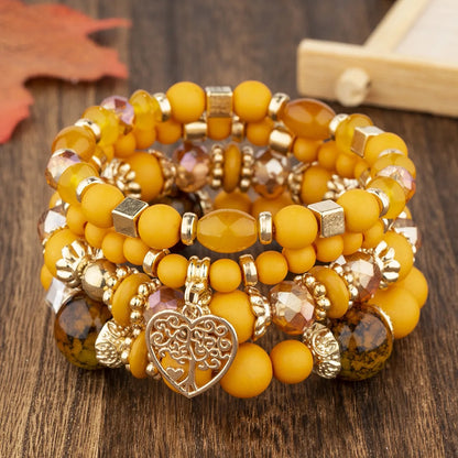 Luckacco New Acrylic Beads Chain Bracelet Set For Women Tree Of Life Charm Elastic Bangle Female Bohemian Jewelry Accessories