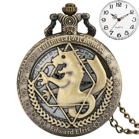 Luckacco Antique Fullmetal Alchemist Quartz Anime Pocket Watch Cosplay Edward Elric Clock Design Pendant Necklace Chain Vintage Chain