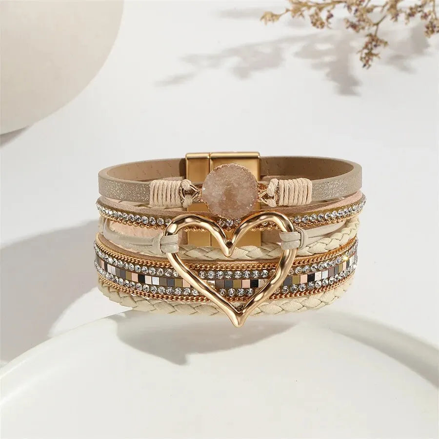 luckacco new metal love heart charm leather bracelets for women fashion bohemian rhinestone resin wrap bracelet bangle couple jewelry