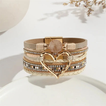 Luckacco New Metal Love Heart Charm Leather Bracelets for Women Fashion Bohemian Rhinestone Resin Wrap Bracelet Bangle Couple Jewelry