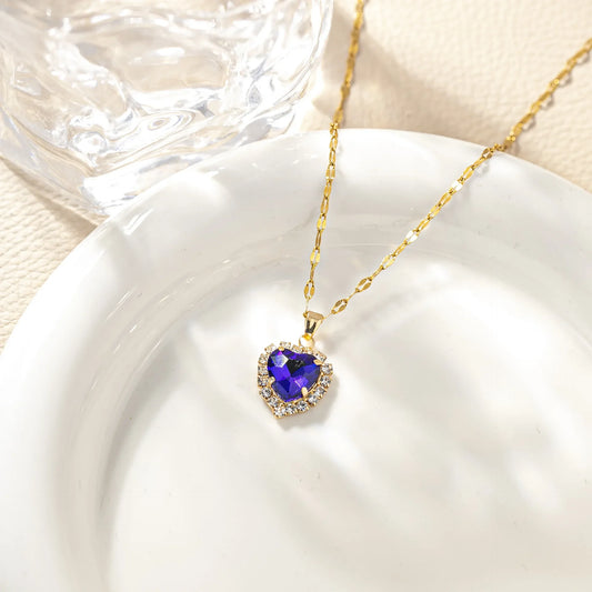 Luckacco Stainless Steel Chain Classic Shiny Colorful Zircon Heart Pendant Necklace for Women Lady Vintage Jewelry Accessories Gifts
