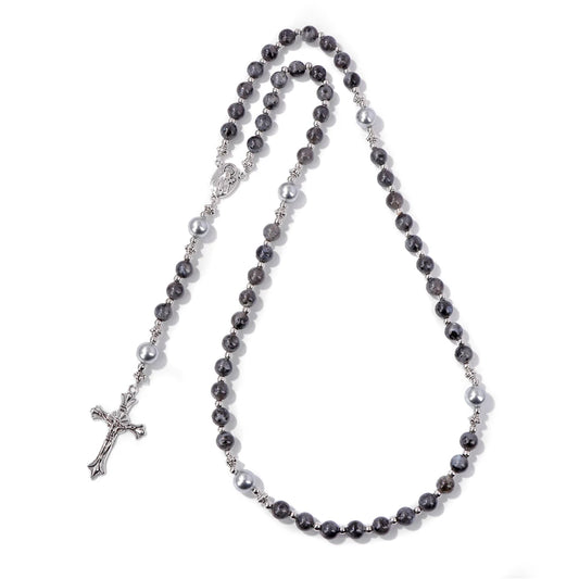 Luckacco Catholic Jesus Cross Bracelet Men Religious Prayer Rosary Bangle 50CM Natural African Turquoises Lava Gem Stone Bead Bracelet