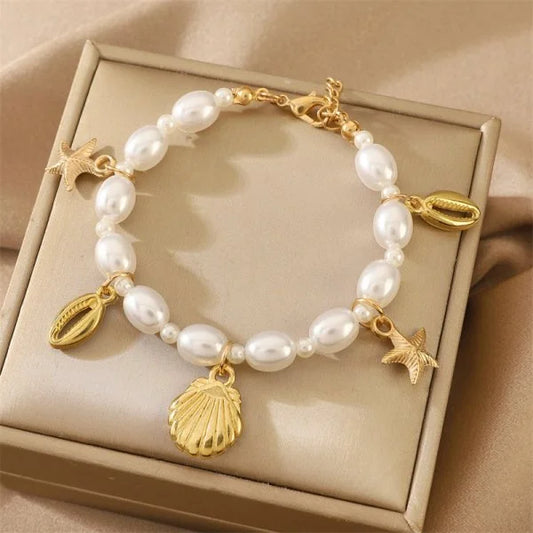 Luckacco Bohemian Imitation Shell Beads Bracelet For Women Sea Star Turtle Woven Rope Bracelet Handmade Friendship Beach Holiday  Jewelry
