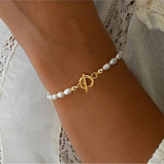 Luckacco Imitation Pearl OT Clasp Bracelet for Women Gold Color Bread Bangle Silver Color Chain New in Designer Fashion Jewelry