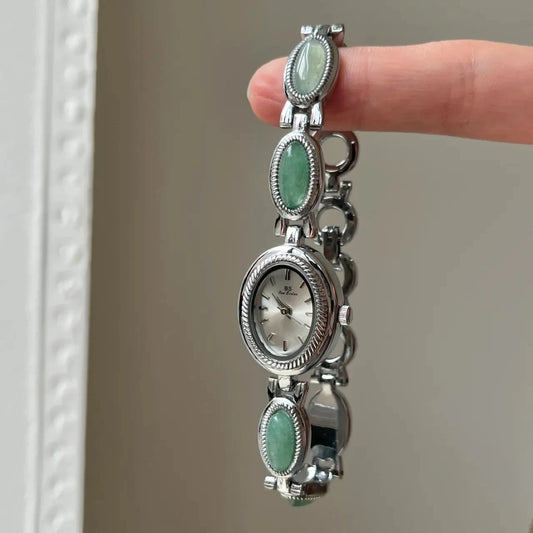 Luckacco Fashion Luxury Women's Watches Natural Gemstone Oval Dial Quartz Wristwatch Unique High-end Temperament Ladies' Watch Bracelet