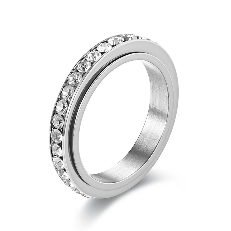 luckacco stainless steel cubic zirconia rotatable chain couple rings anti stress anxiety fidget spinner ring wedding band knuckle jewelry