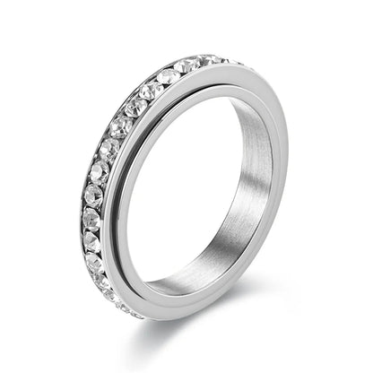 Luckacco Stainless Steel Cubic Zirconia Rotatable Chain Couple Rings Anti Stress Anxiety Fidget Spinner Ring Wedding Band Knuckle Jewelry
