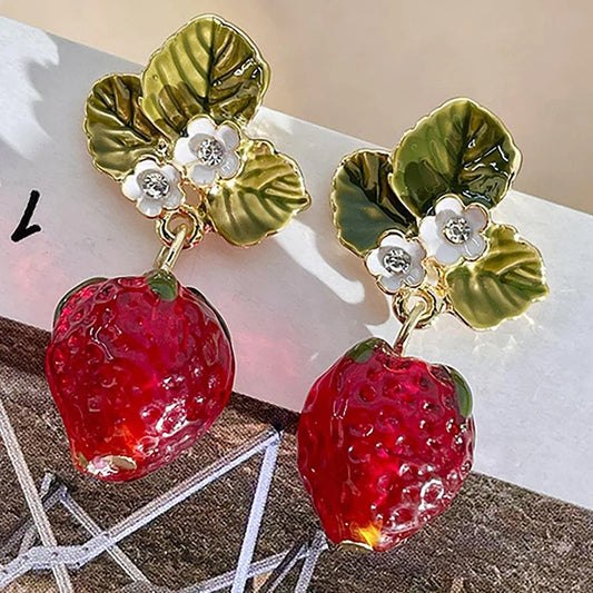 Luckacco Obega Girls Cute Strawberry Drop Earrings Green Leaves White Flower Red Berry Crystal Stone Earrings ForSummer Jewelry Gift