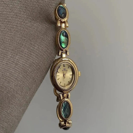 Luckacco Fashion Luxury Women's Watches Natural Gemstone Oval Dial Quartz Wristwatch Unique High-end Temperament Ladies' Watch Bracelet