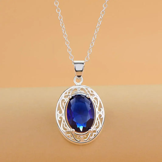 Luckacco 45cm Luxury 925 sterling Silver romantic Blue Crystal Oval Pendant Necklace For Women fashion party wedding Jewelry gifts