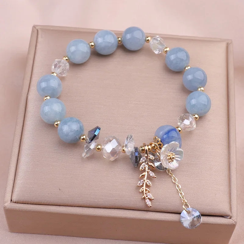 luckacco fashionable natural stone crystal bracelets women's light luxury leaf flower pendant beaded bracelet girlfriend party jewelry
