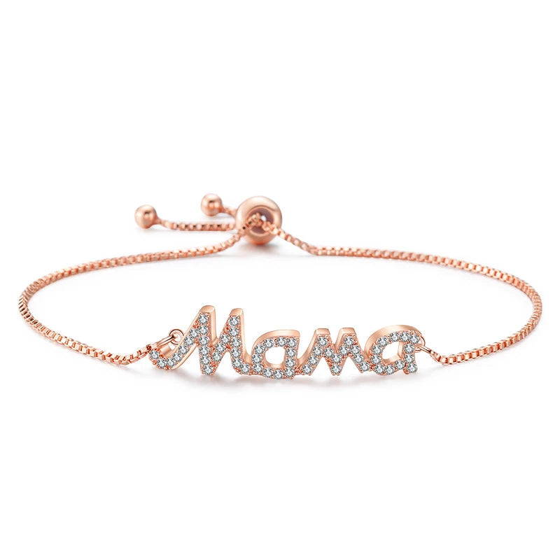 luckacco exquisite mama letter bracelet for women sparkling crystal zircon adjustable chain bangle mother's day mom birthday jewelry gift