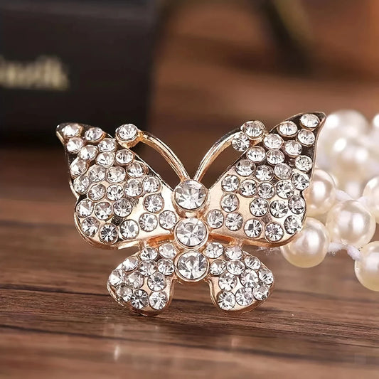 Luckacco Elegant Butterfly Buckle Belt with Faux Pearls and Rhinestones - Elastic Waistband for Dresses and Girdles