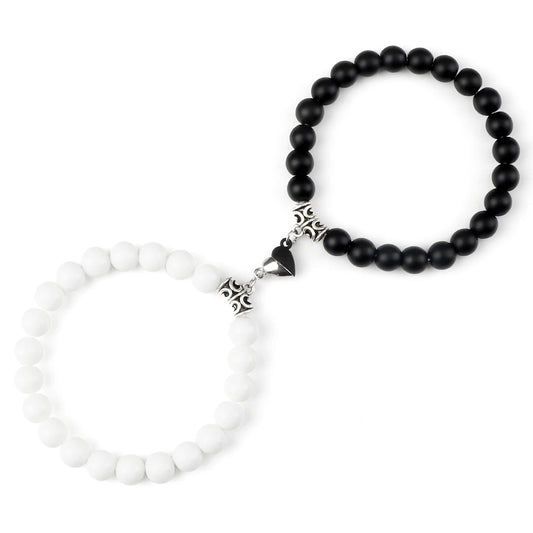 Luckacco 2Pcs/Set Sliver Black Color Magnet Pendant Bracelets 6MM 8MM White Porcelain Black Line Beads Couple Bracelet Jewelry Gift New