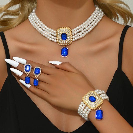 Luckacco Women's Fashion Light Luxury Short Style Imitation Pearl Rhinestone Necklace Earrings Bracelet Jewelry Set Party Festival Gift