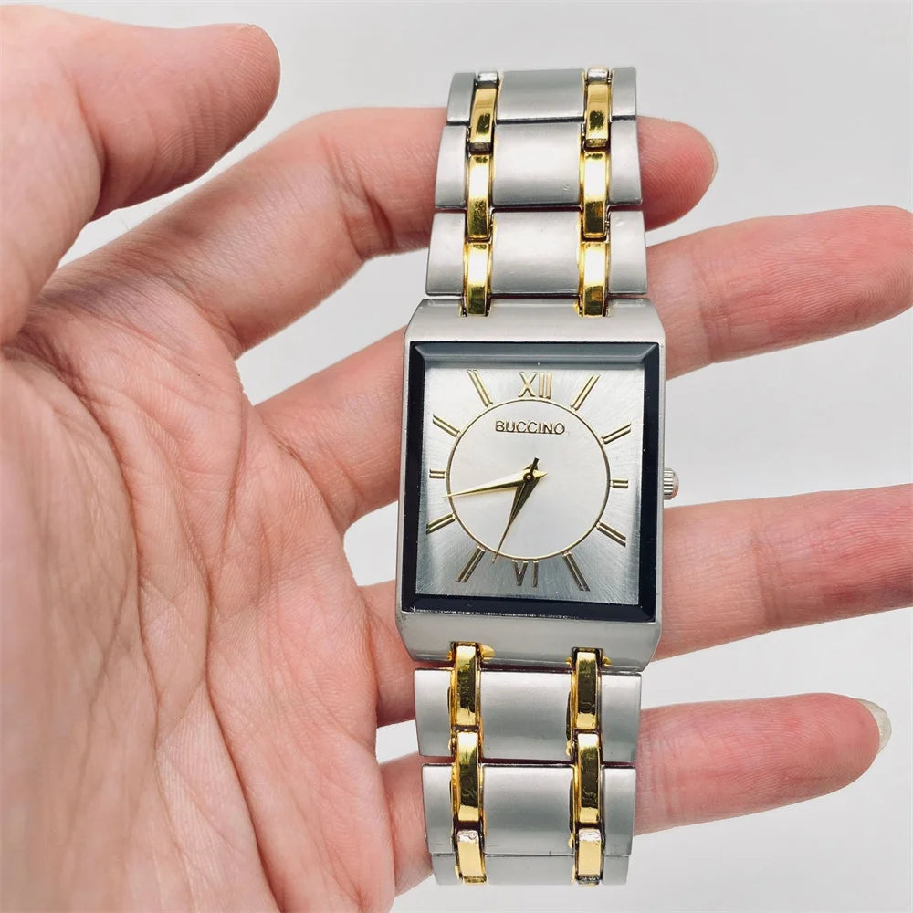 luckacco newest men watches fashion elegant rectangle dial steel clock quartz watch men's silver gold plated wristwatch masculino relogio