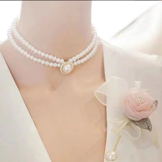 Luckacco Women Elegant Pearl Double Layers Necklace Earrings Exquisite Vintage Classic Chains For Lady Party Wedding Retro Jewelry Choker