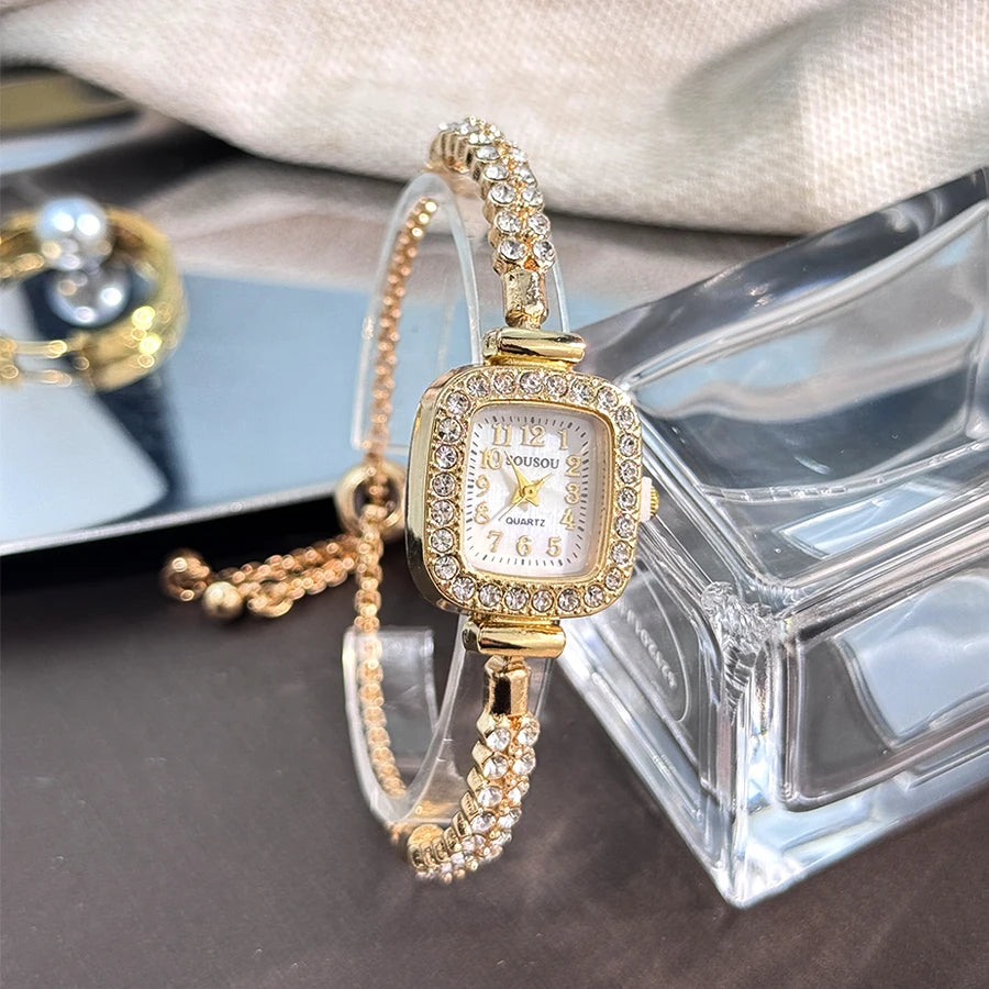 luckacco the new ladies' small square watch features a double-row diamond bracelet and arabic numerals fashionable quartz watch