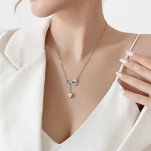 Luckacco 925 Sterling Silver Necklace Tassel Heart Pendant Sparkling Zircon Women's Necklace Birthday Party Gift Jewelry Accessories