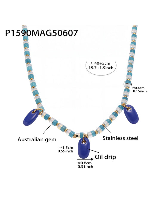 Luckacco Ferris Wheel Chunky Pendant Necklace for Women Stainless Steel Gold Plated Waterproof Natural Stones Chain Female Girl Jewelry