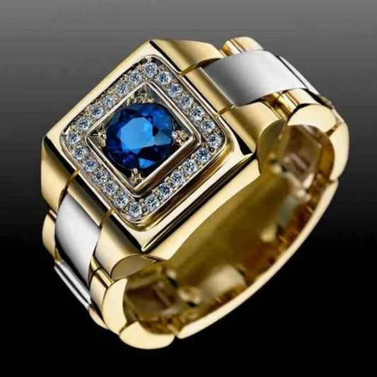 Luckacco Luxury Gold Color Inlaid with White Blue Zircon Men Rings Exquisite Fashion Party Engagement Wedding Rings Jewelry