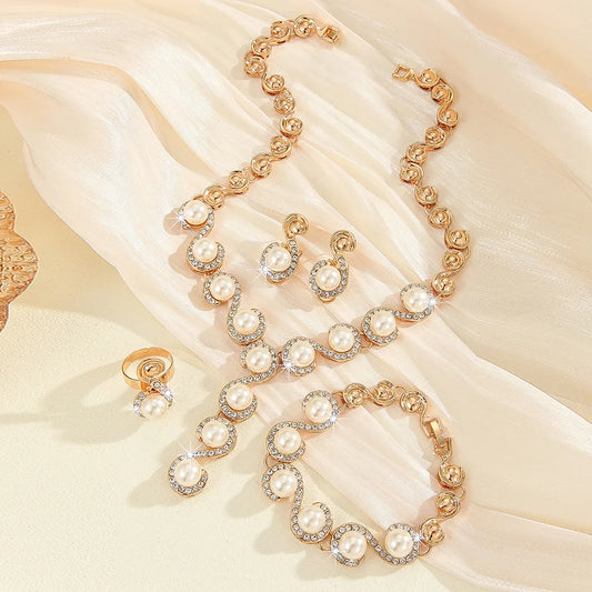 Luckacco 5 PCS Women's Metal Jewelry Set Pearl Necklace Earring Bracelet Set Holiday Party Jewelry Bridal Wedding Jewelry