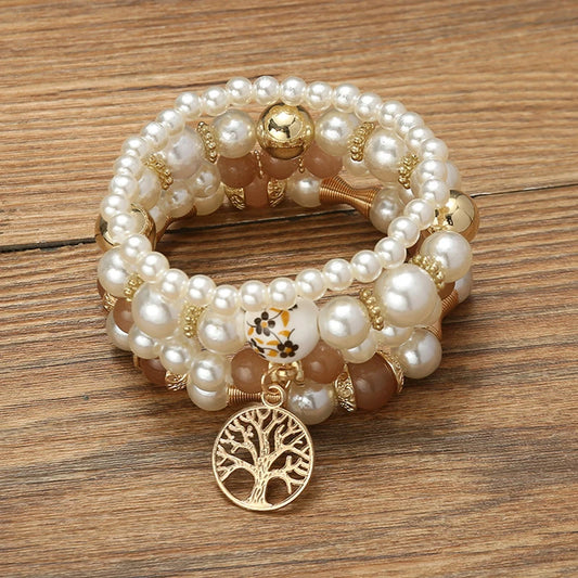Luckacco Imitation Pearl Stretch Bead Bracelets Set For Women Metal Adjustable Elastic Charms Vintage Strand Girls' Fashion Jewelry C1306