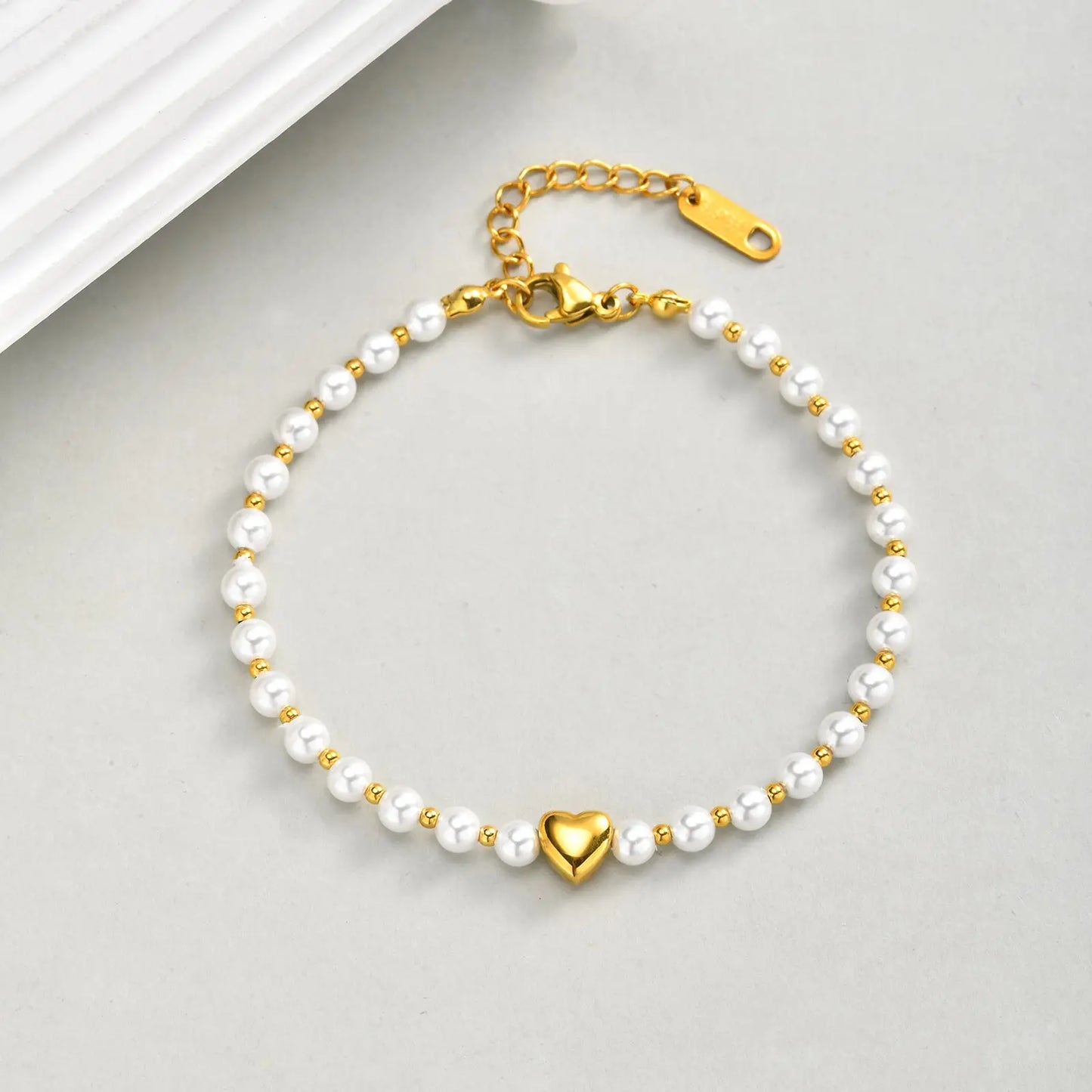 luckacco elegant high quality imitation pearl beads bracelet for women, stainless steel heart charm bracelet, waterproof fashion jewelry
