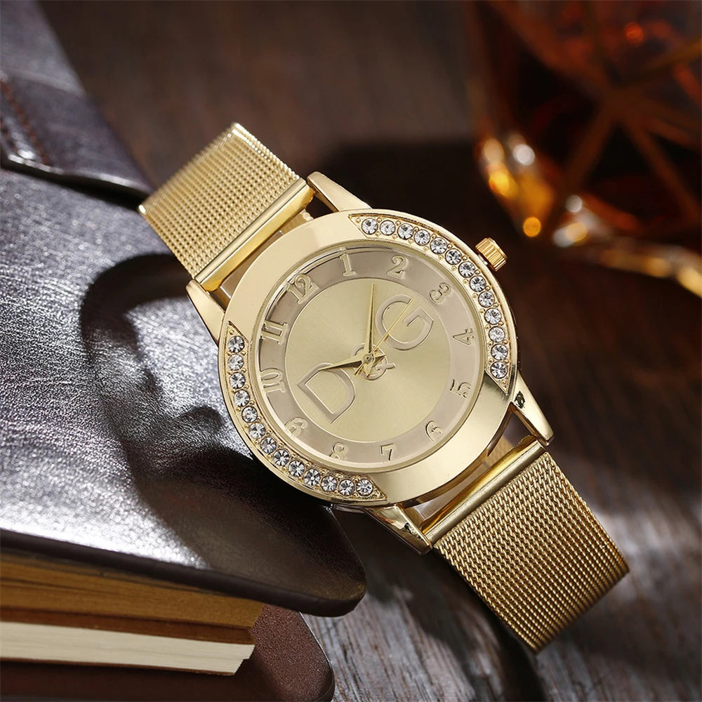 luckacco luxury 2025 women's watches with diamonds simple digital design ladies' quartz watch casual gold mesh belt women clock strap