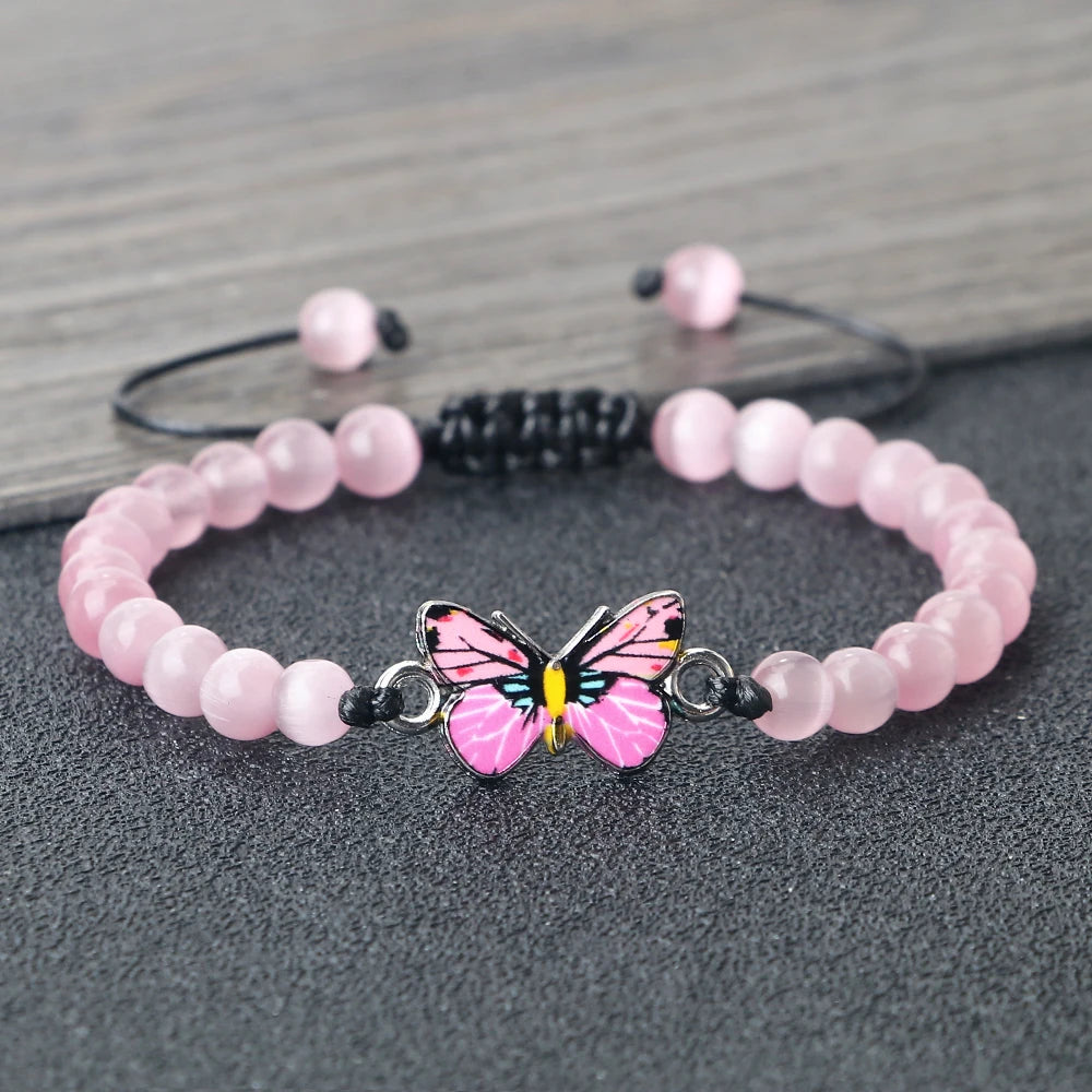 luckacco pink cat eye stone bracelet for women men natural opal quartz chakra devil's eye beads butterfly charm bangle wrist jewelry gift