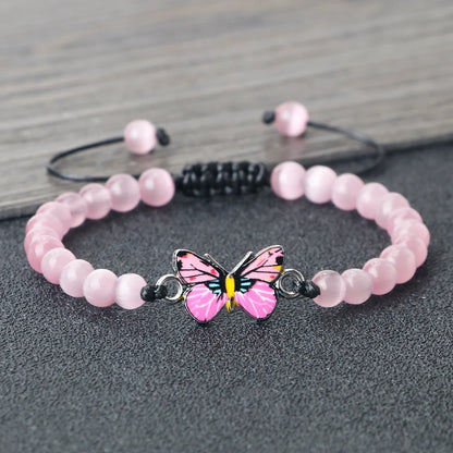 Luckacco Pink Cat Eye Stone Bracelet for Women Men Natural Opal Quartz Chakra Devil's Eye Beads Butterfly Charm Bangle Wrist Jewelry Gift