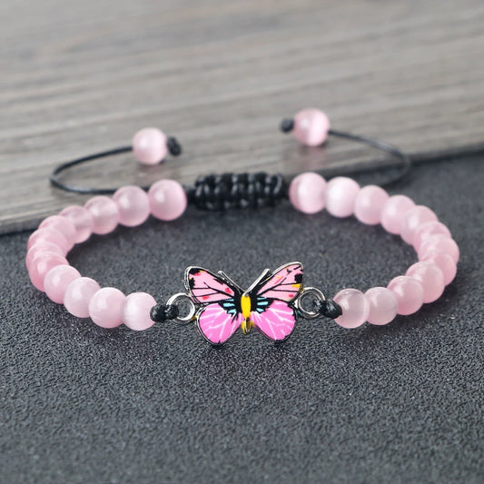 Luckacco Pink Cat Eye Stone Bracelet for Women Men Natural Opal Quartz Chakra Devil's Eye Beads Butterfly Charm Bangle Wrist Jewelry Gift