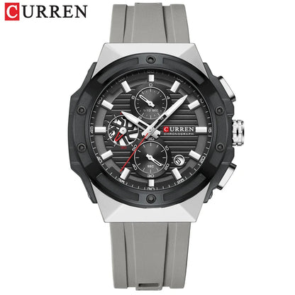Luckacco CURREN Fashionable Sports Multifunctional Chronograph Quartz Watch with Silicone Strap Creative Design Dial Luminous Hands